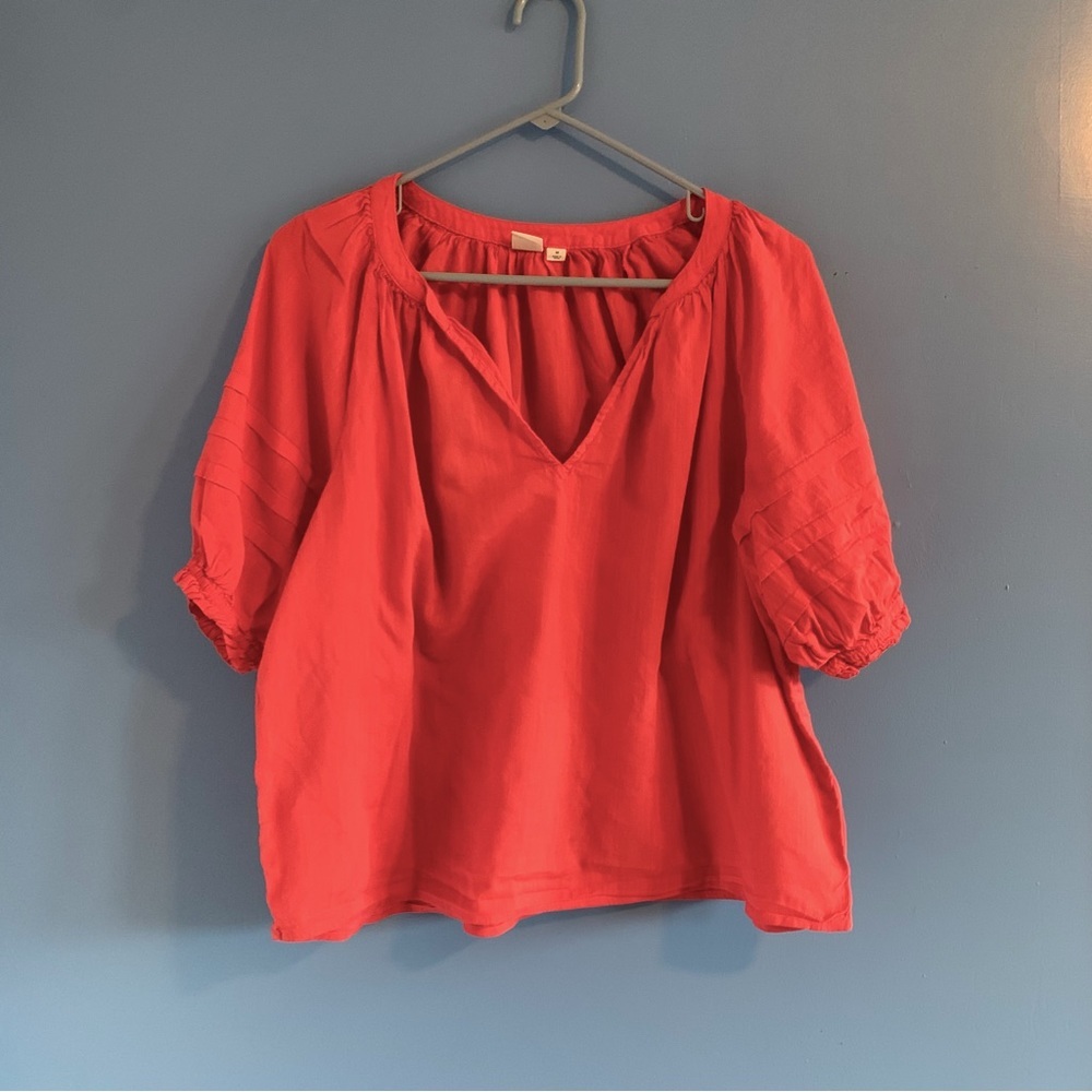 Coral Pink Short Sleeve Peasant Blouse with Sleeve Detail